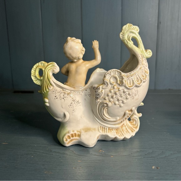 Vintage KPM Planter Cherub Putti Figurine Bisque Porcelain Boat Vase - Picture 3 of 11
